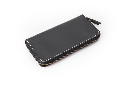 Black Handmade Leather Mens Long Wallet Bifold Zipper Clutch Wallet CellPhone Wallet For Men