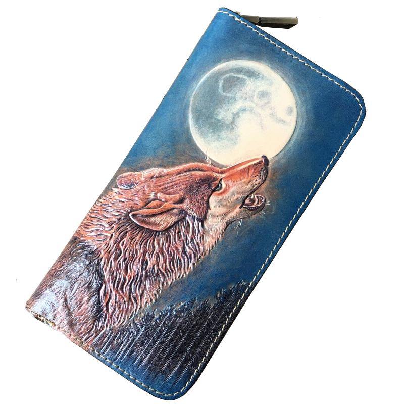 Blue Handmade Tooled Wolf Leather Long Wallet Zipper Wallet Clutch Wallet For Men