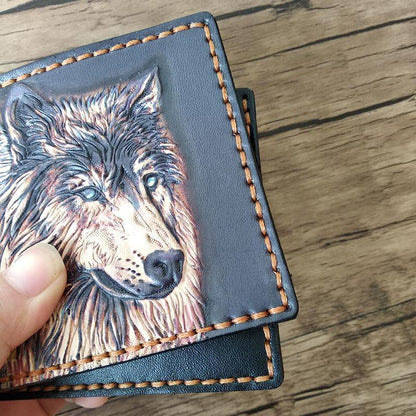 Handmade Wolf Black Tooled Leather billfold Wallet Small Wallet Cool Wallet For Men