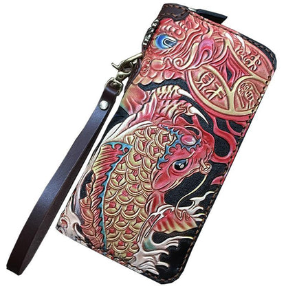 Black Handmade Carp Toad Tooled Leather Long Biker Wallet Black Chain Wallet Clutch Wallet For Men