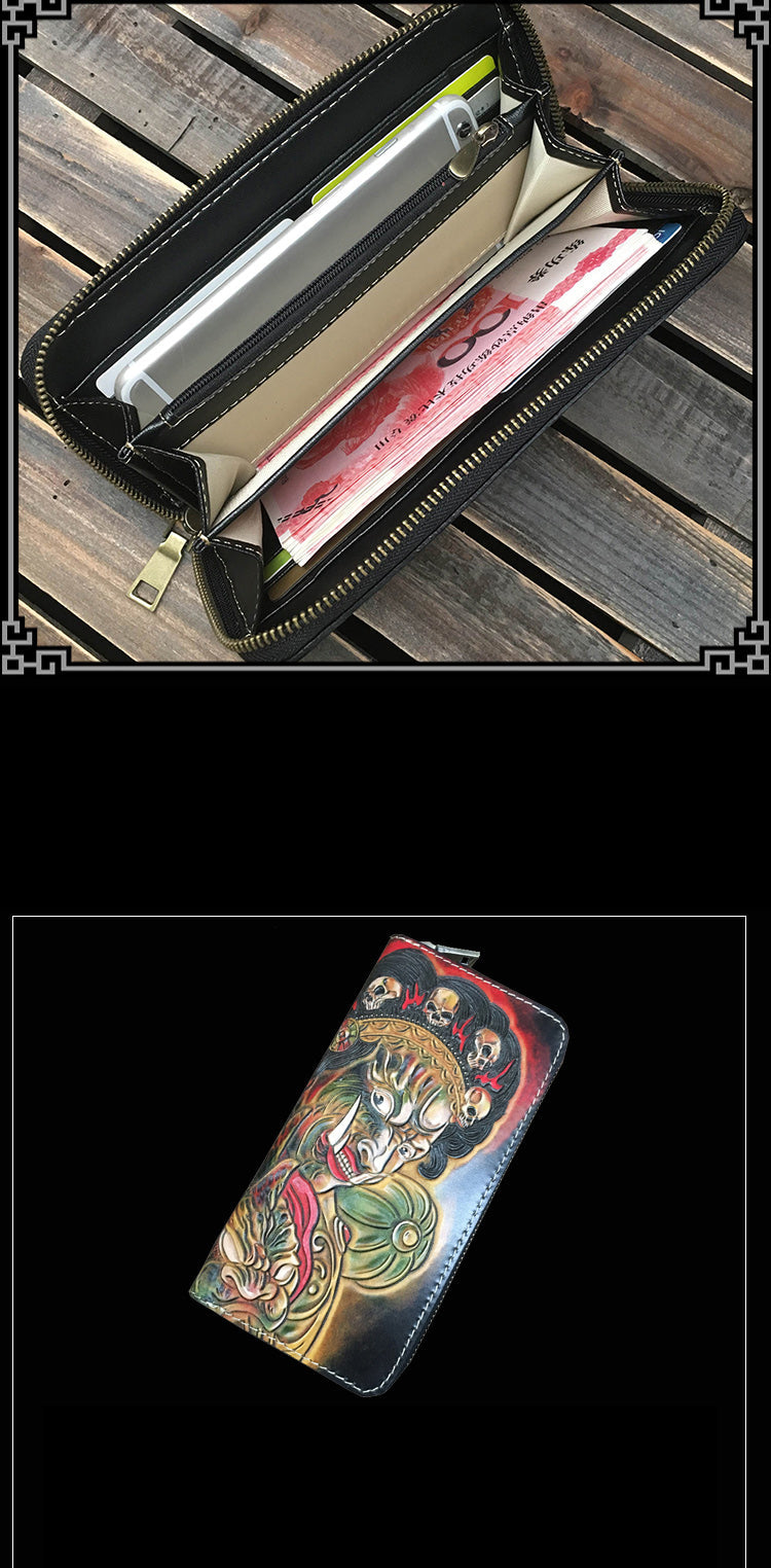 Handmade Black Wolf Tooled Leather Long Wallet Mah¨¡k¨¡la Clutch Zipper Wallet For Men