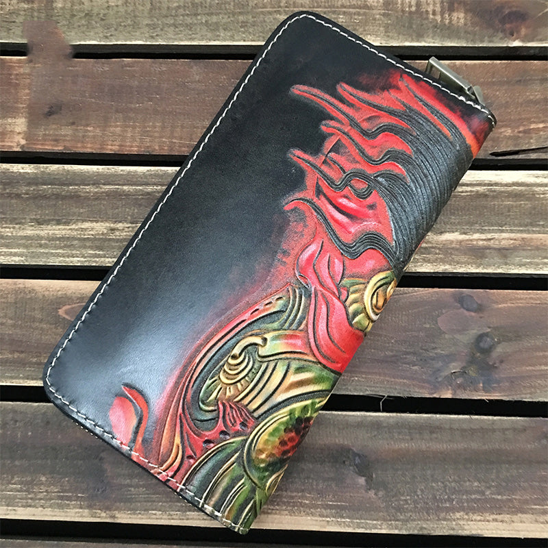 Handmade Black Wolf Tooled Leather Long Wallet Mah¨¡k¨¡la Clutch Zipper Wallet For Men