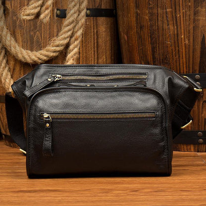 Black Leather Fanny Pack Mens Waist Bag Hip Pack Belt Bags Bumbag for Men