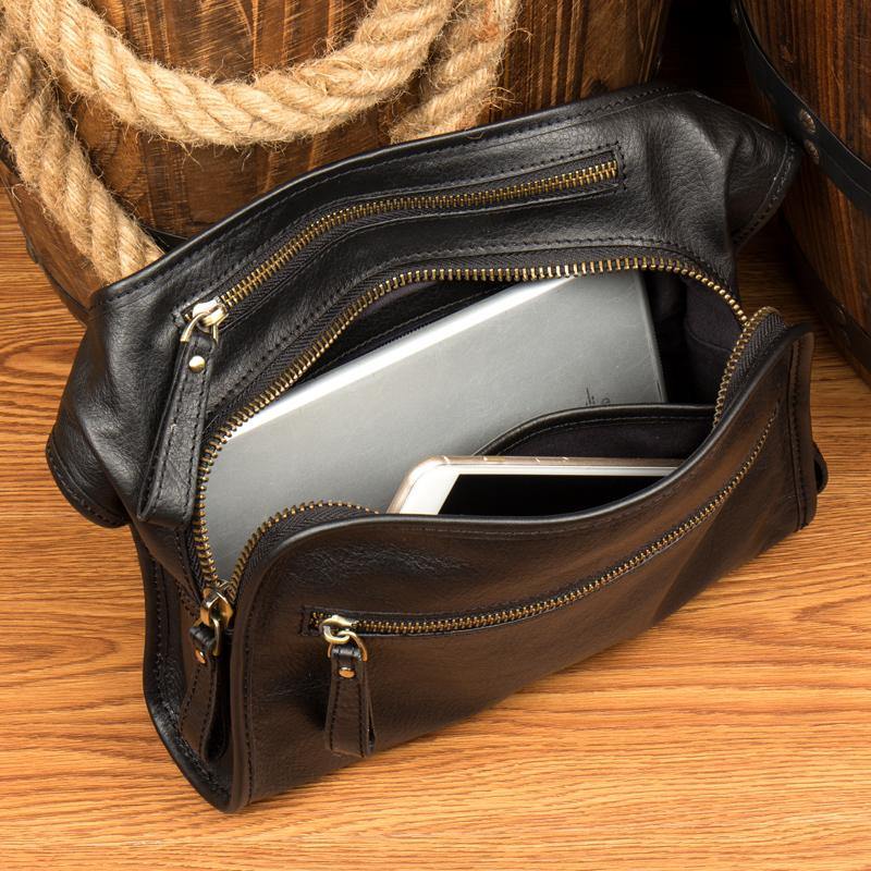 Black Leather Fanny Pack Mens Waist Bag Hip Pack Belt Bags Bumbag for Men