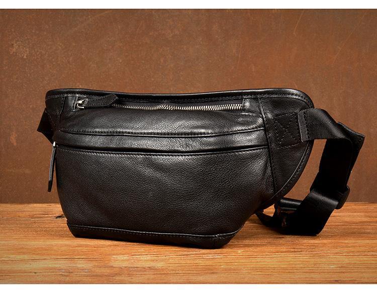 Cool Black Leather Fanny Pack Mens Waist Bag Hip Pack Black Belt Bags Bumbag for Men