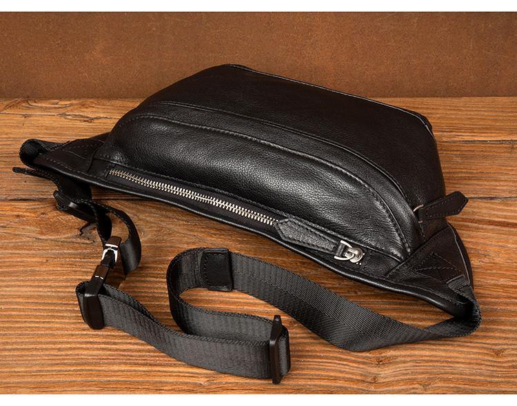 Cool Black Leather Fanny Pack Mens Waist Bag Hip Pack Black Belt Bags Bumbag for Men