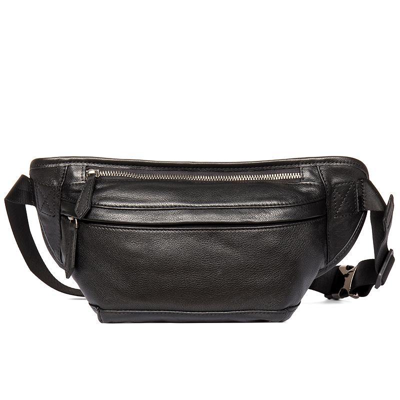 Cool Black Leather Fanny Pack Mens Waist Bag Hip Pack Black Belt Bags Bumbag for Men