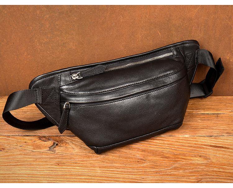 Cool Black Leather Fanny Pack Mens Waist Bag Hip Pack Black Belt Bags Bumbag for Men