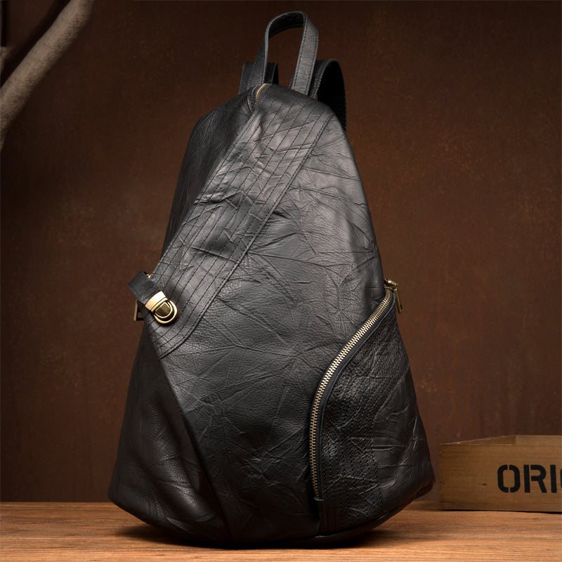 Cool Black Leather Mens Sling Bags Crossbody Pack Black Backpack Sling Pack Chest Bags for men