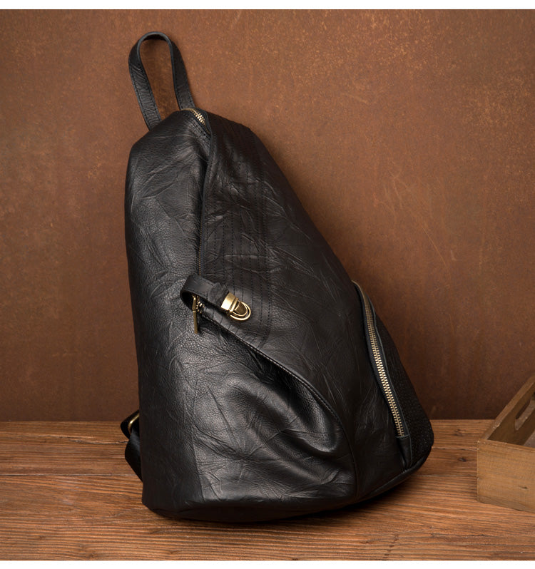 Cool Black Leather Mens Sling Bags Crossbody Pack Black Backpack Sling Pack Chest Bags for men