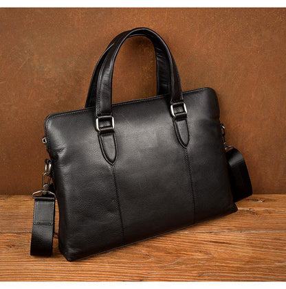 Black Leather Mens 13inches Briefcase Laptop Briefcase Shoulder Business Bags Work Bag for Men