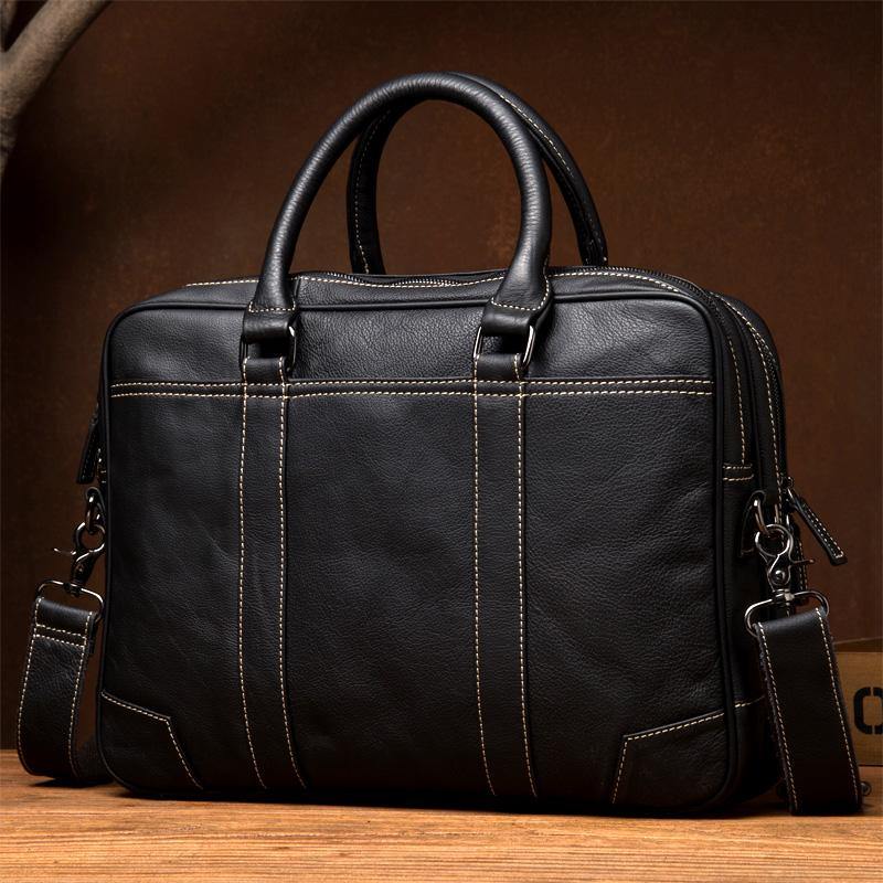 Black Leather Mens 15 inches Briefcase Laptop Side Bag Business Bags Work Bags for Men