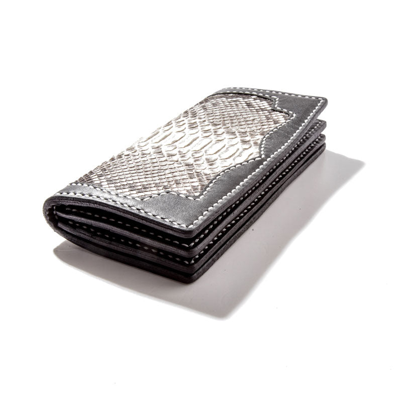 Cool Black Snakeskin Leather Mens Long Wallet Handmade Bifold Long Wallet For Men