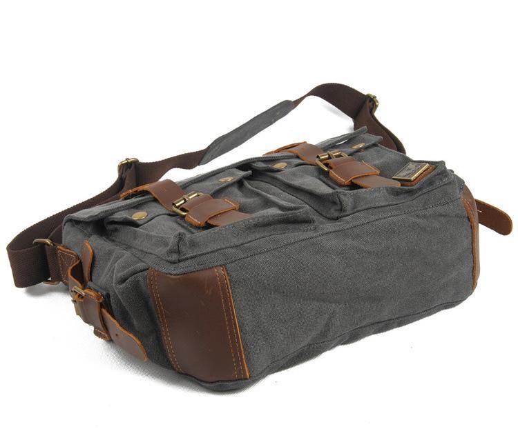 Black Gray Canvas Leather Large Messenger Bag Crossbody Bag Black Gray Canvas Satchel Bag For Men