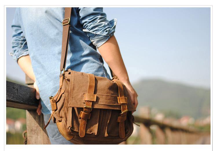 Blue Canvas Leather Large Messenger Bag Crossbody Bag Black Blue Canvas Satchel Bag For Men