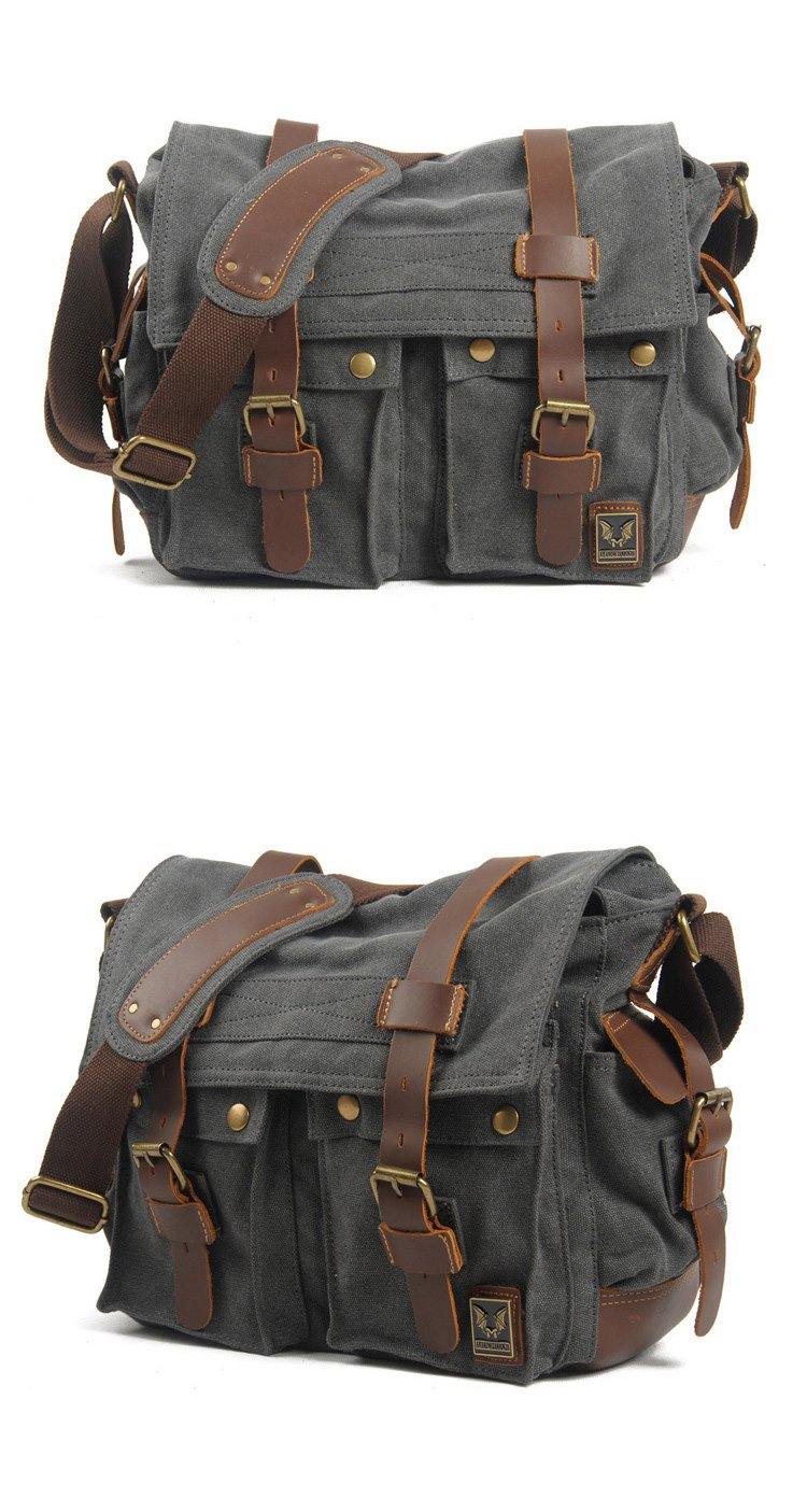 Black Gray Canvas Leather Large Messenger Bag Crossbody Bag Black Gray Canvas Satchel Bag For Men