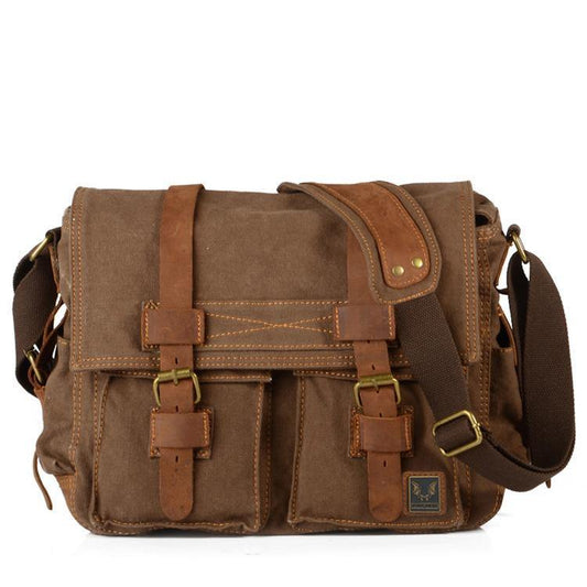 Coffee Canvas Leather Large Messenger Bag Crossbody Bag Coffee Canvas Satchel Bag For Men