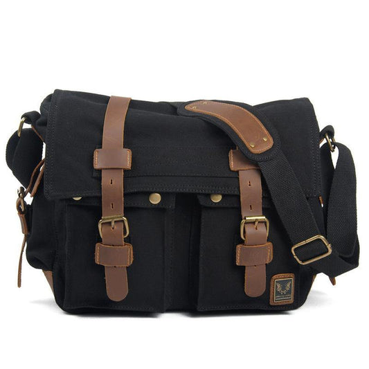 Black Canvas Leather Large Messenger Bag Crossbody Bag Black Blue Canvas Satchel Bag For Men