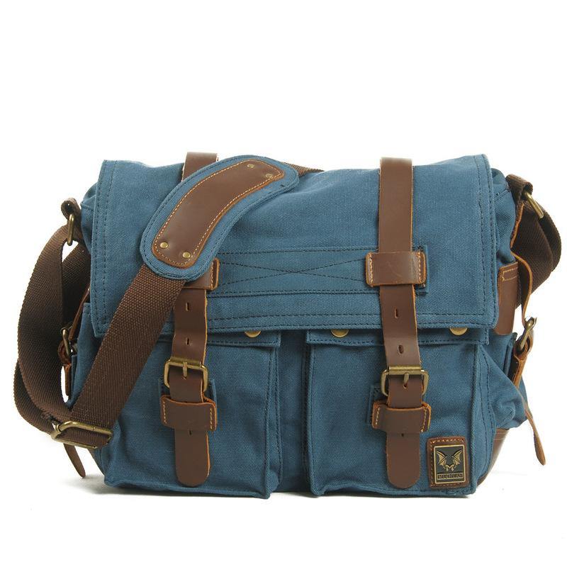 Blue Canvas Leather Large Messenger Bag Crossbody Bag Black Blue Canvas Satchel Bag For Men