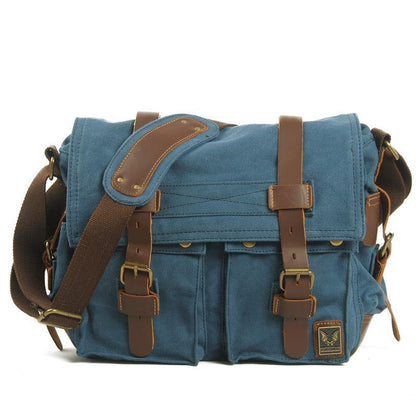 Black Canvas Leather Large Messenger Bag Crossbody Bag Black Blue Canvas Satchel Bag For Men