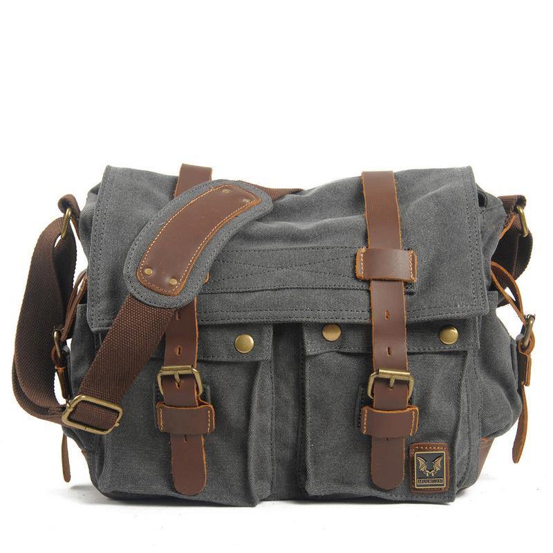 Black Gray Canvas Leather Large Messenger Bag Crossbody Bag Black Gray Canvas Satchel Bag For Men