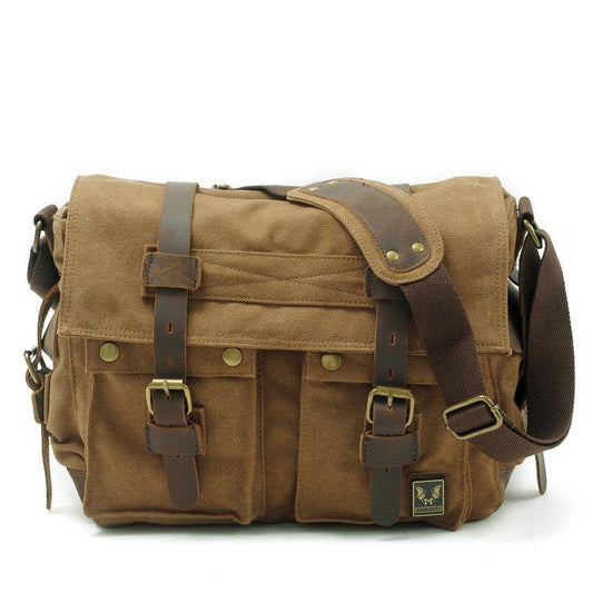 Khaki Canvas Leather Large Messenger Bag Crossbody Bag Khaki Canvas Satchel Bag For Men