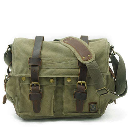 Khaki Canvas Leather Large Messenger Bag Crossbody Bag Khaki Canvas Satchel Bag For Men