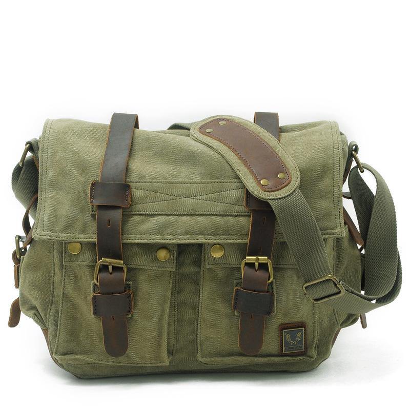 Gray Canvas Leather Large Messenger Bag Crossbody Bag Gray Canvas Satchel Bag For Men