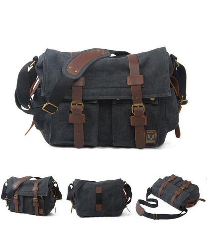 Gray Canvas Leather Large Messenger Bag Crossbody Bag Gray Canvas Satchel Bag For Men