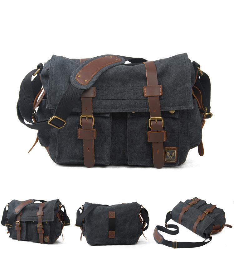 Coffee Canvas Leather Large Messenger Bag Crossbody Bag Coffee Canvas Satchel Bag For Men