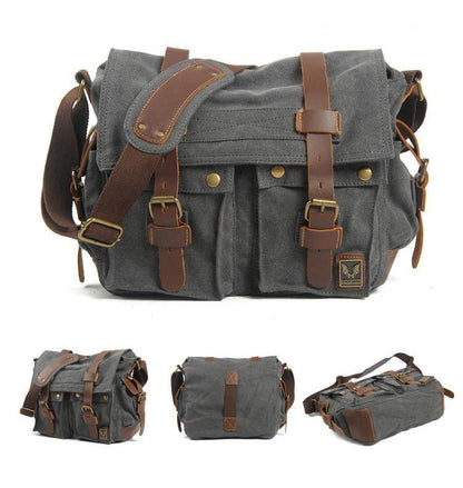 Black Gray Canvas Leather Large Messenger Bag Crossbody Bag Black Gray Canvas Satchel Bag For Men