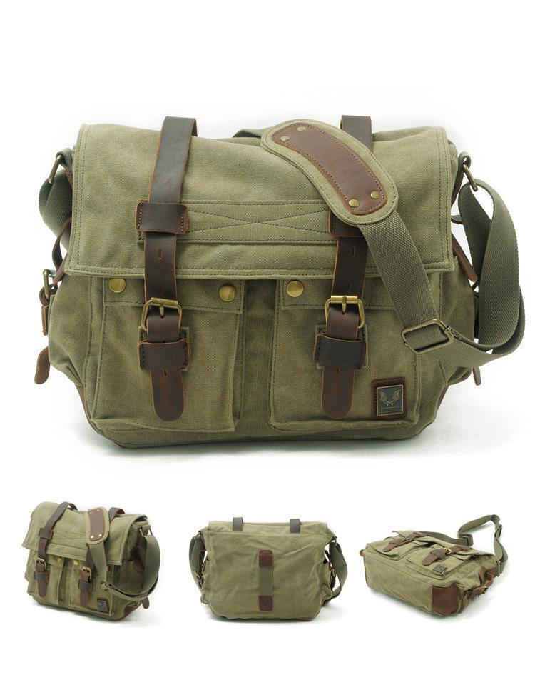 Khaki Canvas Leather Large Messenger Bag Crossbody Bag Khaki Canvas Satchel Bag For Men