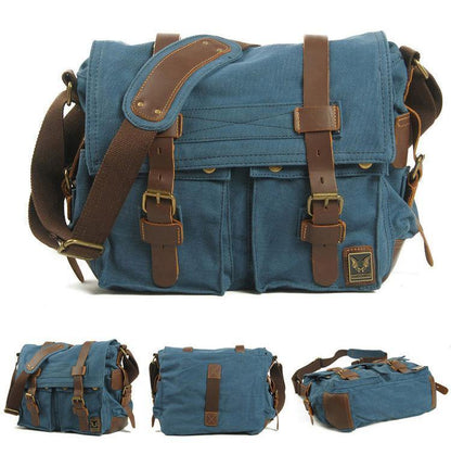 Blue Canvas Leather Large Messenger Bag Crossbody Bag Black Blue Canvas Satchel Bag For Men