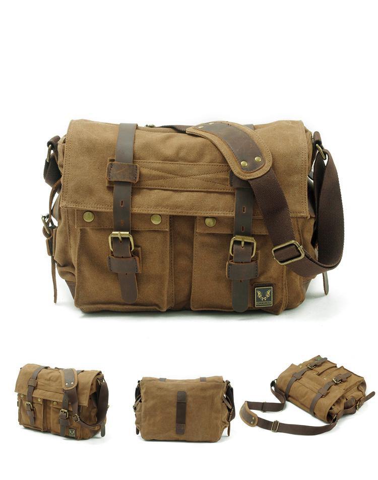 Khaki Canvas Leather Large Messenger Bag Crossbody Bag Khaki Canvas Satchel Bag For Men