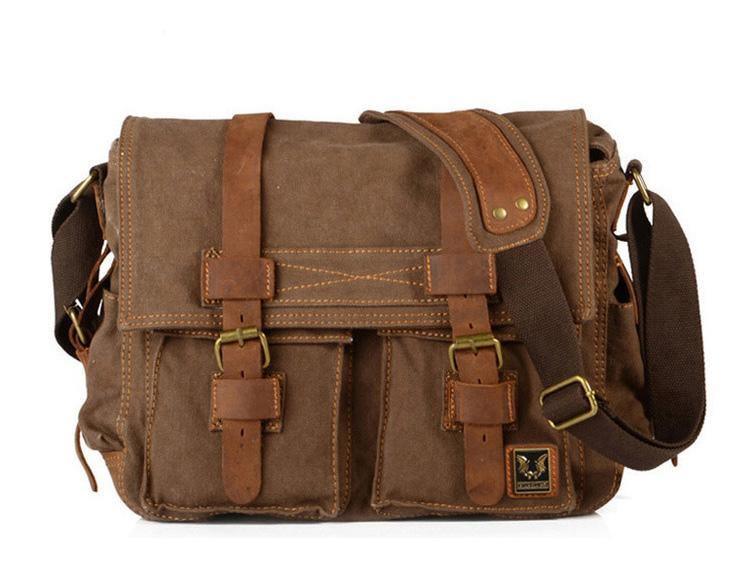 Khaki Canvas Leather Large Messenger Bag Crossbody Bag Khaki Canvas Satchel Bag For Men