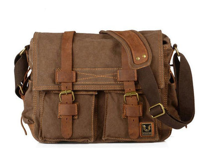 Khaki Canvas Leather Large Messenger Bag Crossbody Bag Khaki Canvas Satchel Bag For Men