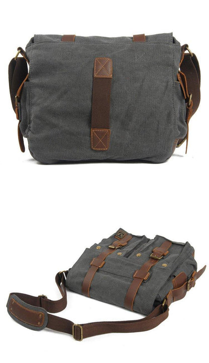 Gray Canvas Leather Large Messenger Bag Crossbody Bag Gray Canvas Satchel Bag For Men