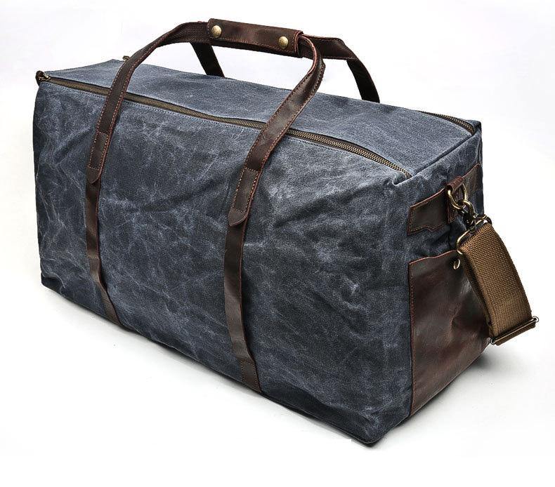 Blue Leather Canvas Mens Weekender Bag Casual Travel Handbag Blue Canvas Duffle Bag for Men