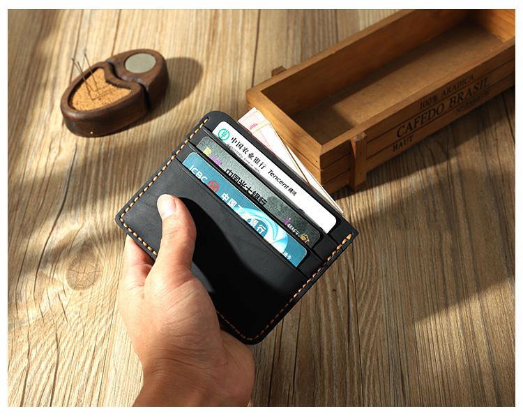 Blue Leather Mens Front Pocket Wallet Personalized Handmade Slim Card Wallets for Men