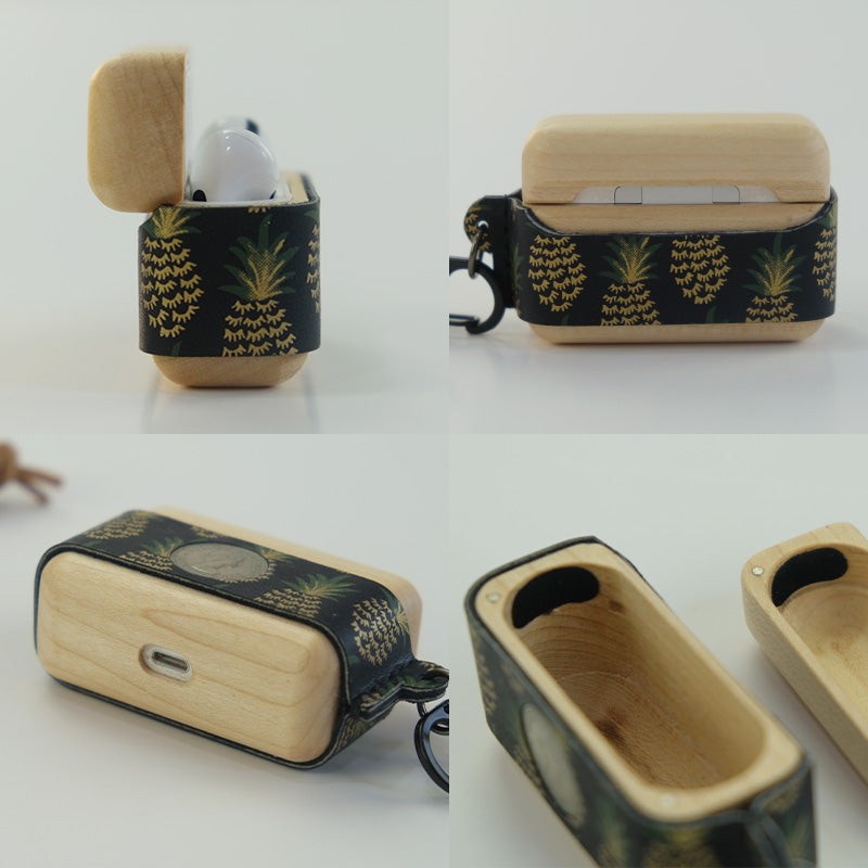 Green Pineapple Spotted Wood Leather AirPods Pro Case with Strap Leather 1,2 AirPods Case Airpod Case Cover