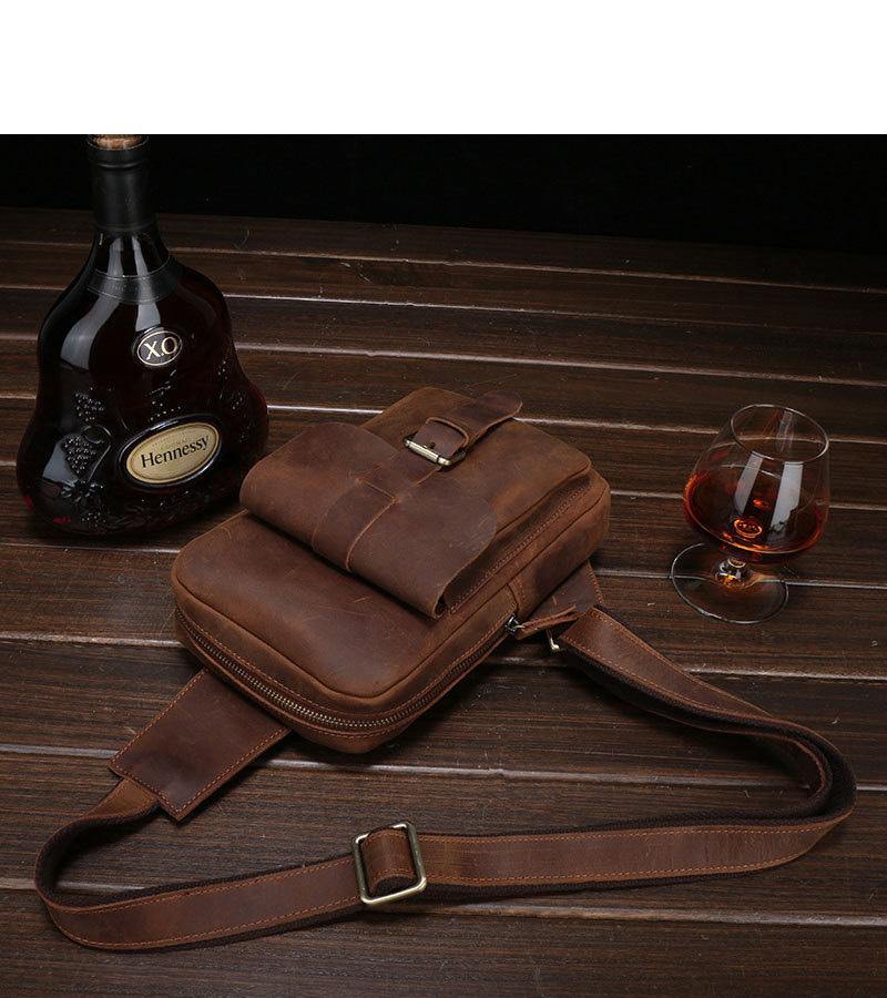 Brown Cool LEATHER MENS Sling Bags One Shoulder Backpack Dark Coffee Chest Bag For Men