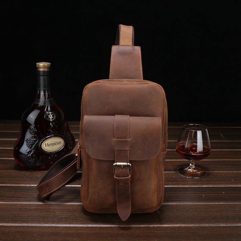 Brown Cool LEATHER MENS Sling Bags One Shoulder Backpack Dark Coffee Chest Bag For Men