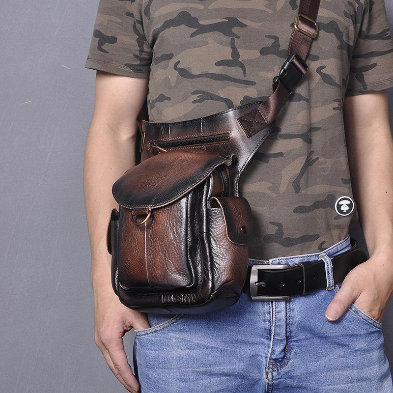 Coffee Leather Men Belt Pouch Vintage Drop Leg Bag Biker Purse Side Belt Bag for Men