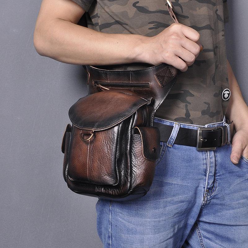 Coffee Leather Men Belt Pouch Vintage Drop Leg Bag Biker Purse Side Belt Bag for Men