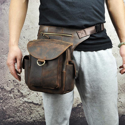 Coffee Leather Men Belt Pouch Vintage Drop Leg Bag Biker Purse Side Belt Bag for Men