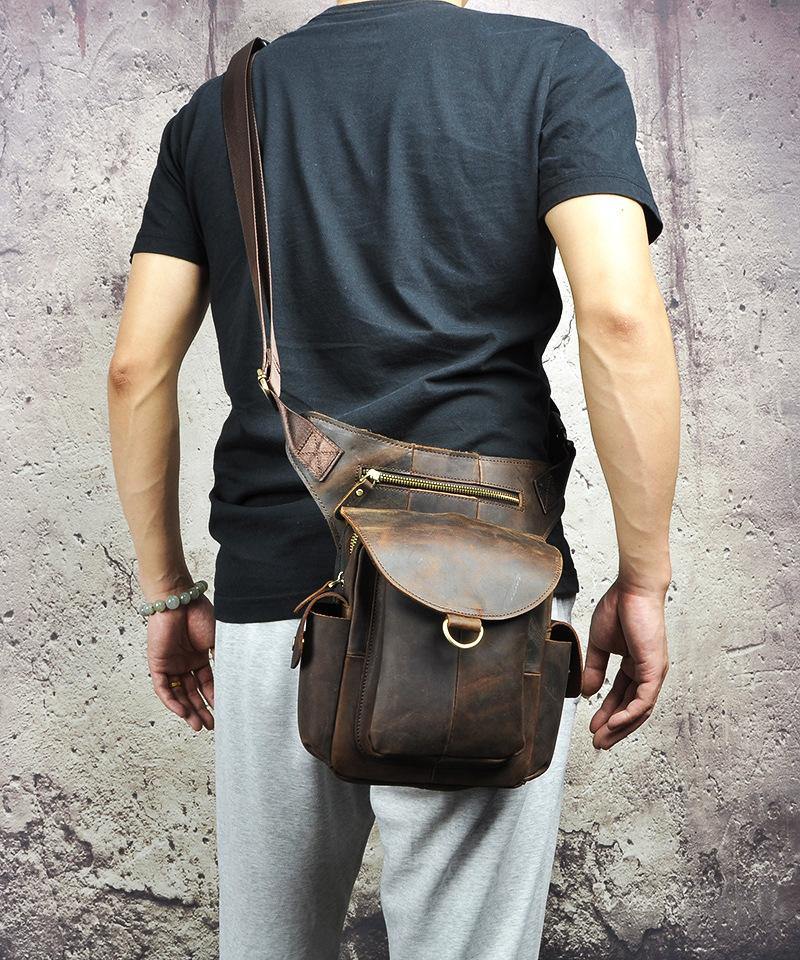 Coffee Leather Men Belt Pouch Vintage Drop Leg Bag Biker Purse Side Belt Bag for Men