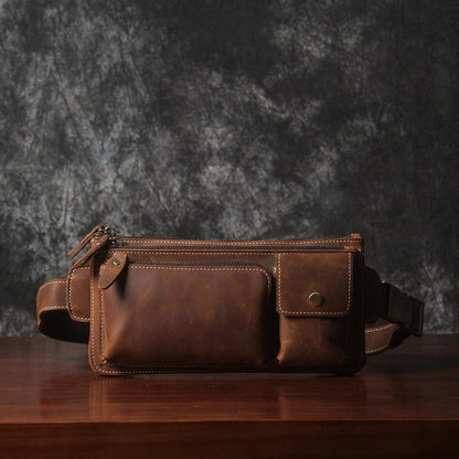 Brown Leather Fanny Pack Men's Brown Chest Bag Hip Pack Waist Bag For Men