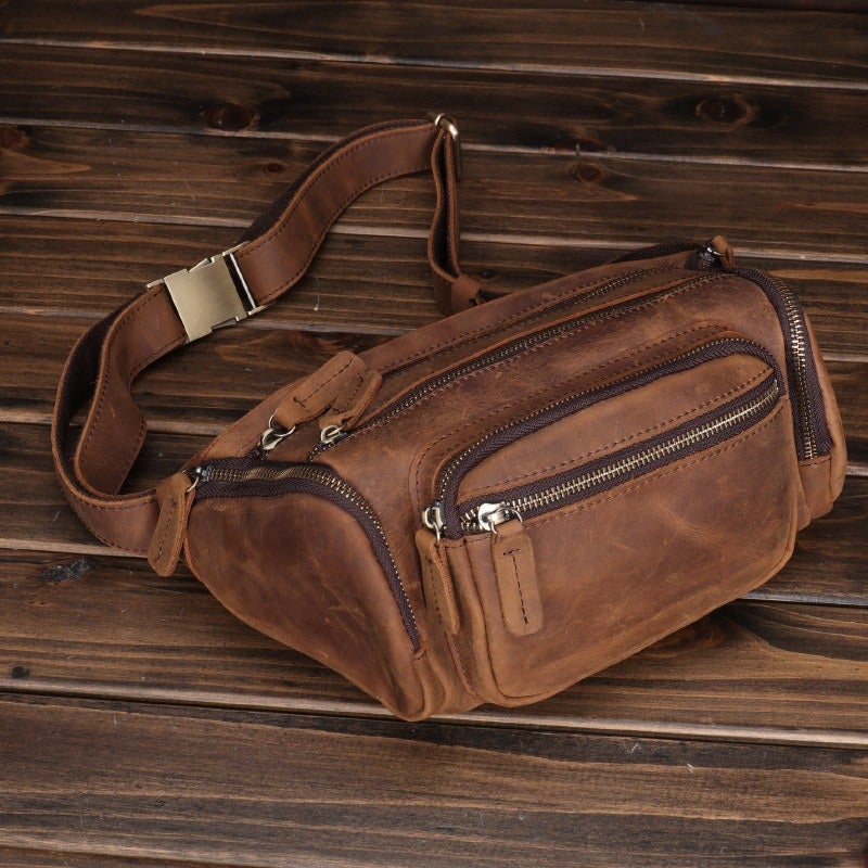 Coffee Leather Fanny Packs Large Waist Bags Mens Hip Packs Sling Bags Sling Pack for Men