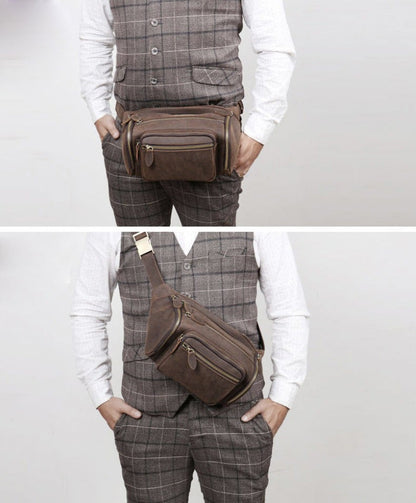 Coffee Leather Fanny Packs Large Waist Bags Mens Hip Packs Sling Bags Sling Pack for Men