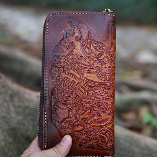 Brown Leather Japanese Samurai Tooled Zip Wallet Handmade Clutch Wallet for Men